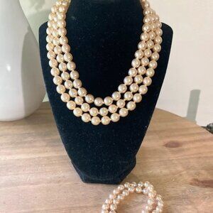 VTG KJL Kenneth Jay Lane Triple Strand Faux Pearl Necklace & Bracelet SET